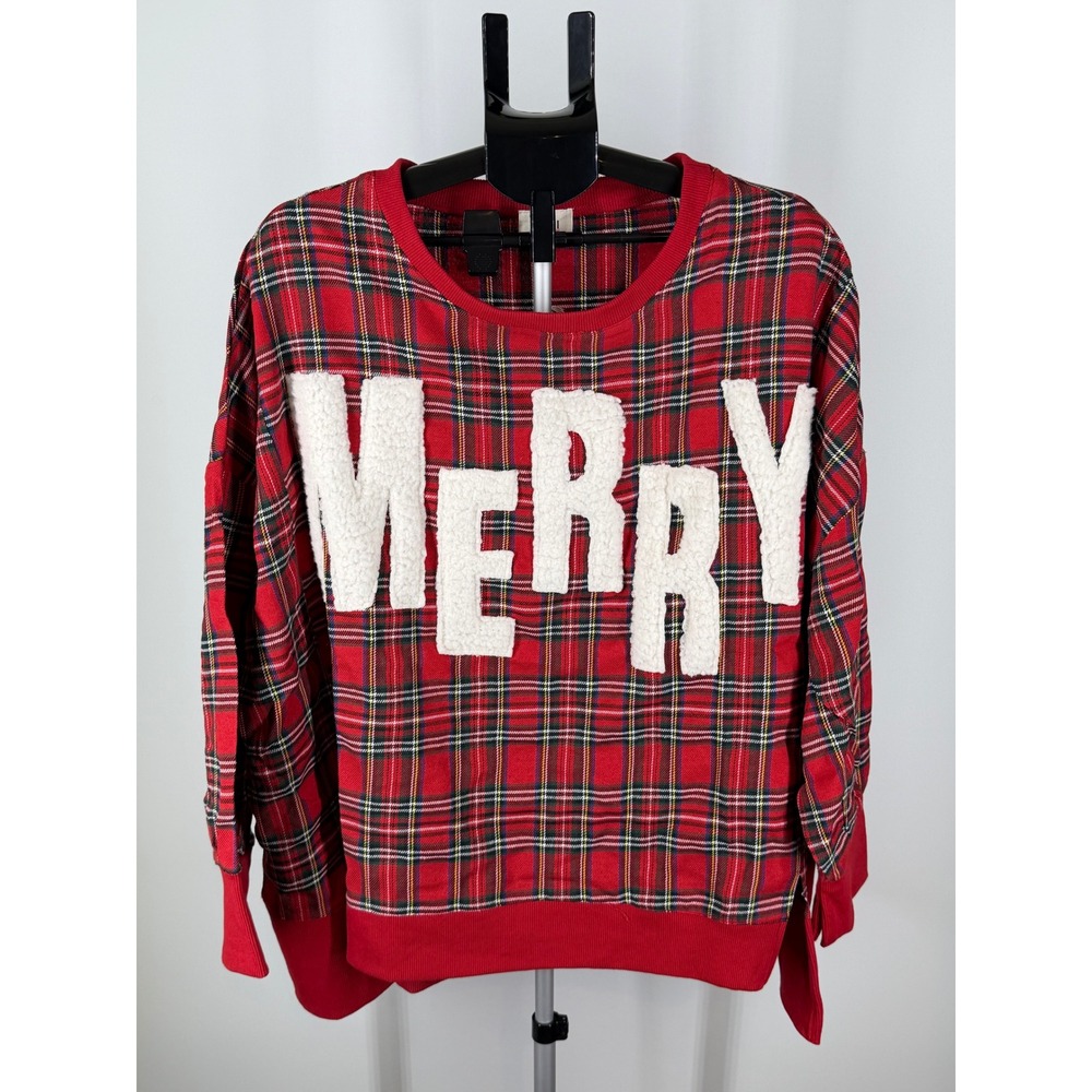 BIBI Womens Red Plaid Merry Sherpa Patch Sweatshirt 2XL Christmas